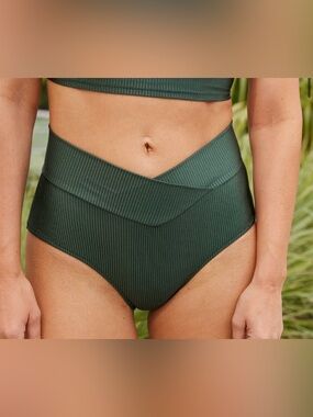 NWT Aerie Shine Rib Crossover Full Coverage High Waisted Bikini Bottom Green XXL